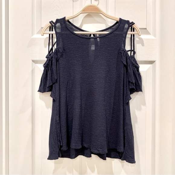 Free People Navy Blue Strappy Shoulder Raw Hem Ruffle Ribbed Tee T-Shirt Top - Picture 2 of 9